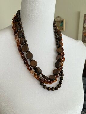 Cato brown acrylic wood triple strand statement necklace